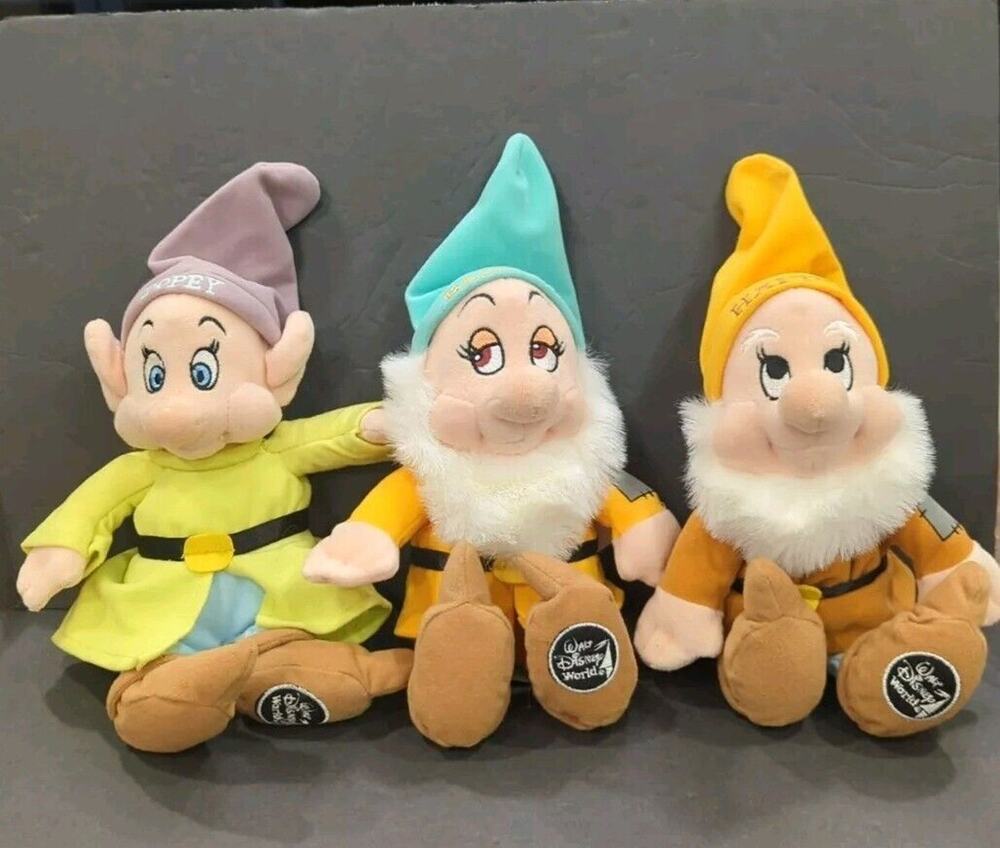 Walt Disney World Plush Mini Beanbag Dopey, Happy, Bashful Dwarfs W/Orig Tag